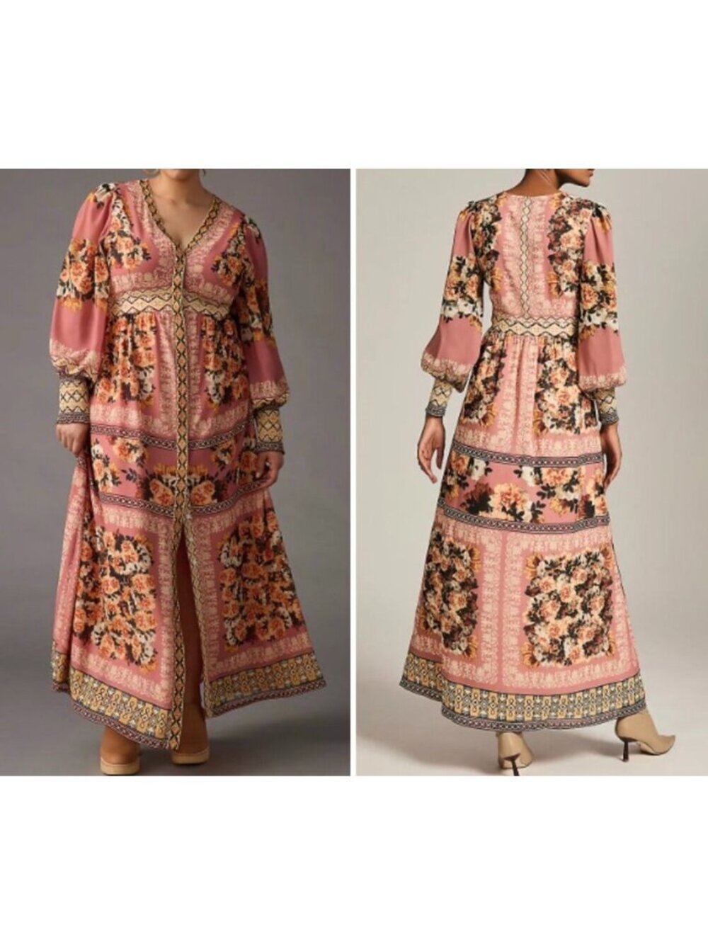 Vineet Bahl Bohemian Floral Maxi Dress Long Sleeves Embroidered Pink Size Medium